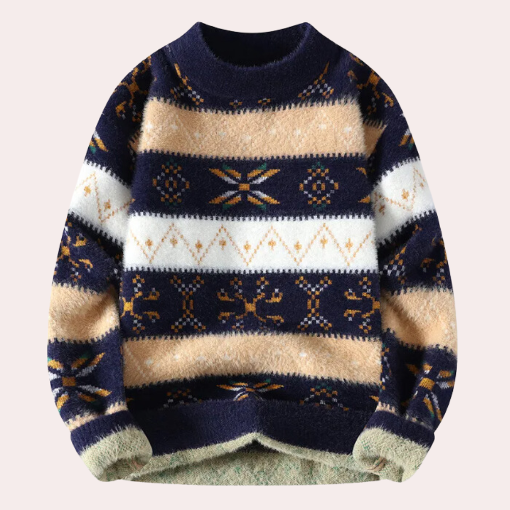 Men's patterned crew neck knit sweater for fall/winter, offering vintage casual style & comfort.