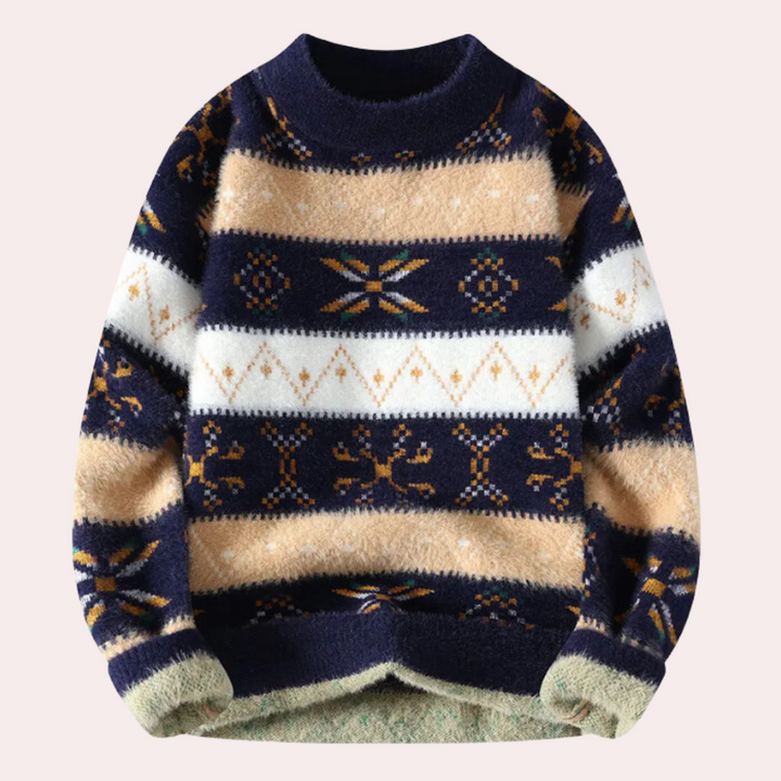 Men's patterned crew neck knit sweater for fall/winter, offering vintage casual style & comfort.