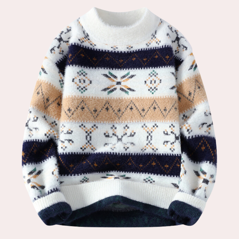 Stylish men's patterned crew neck pullover sweater, comfortable knit for casual fall & winter outfits.