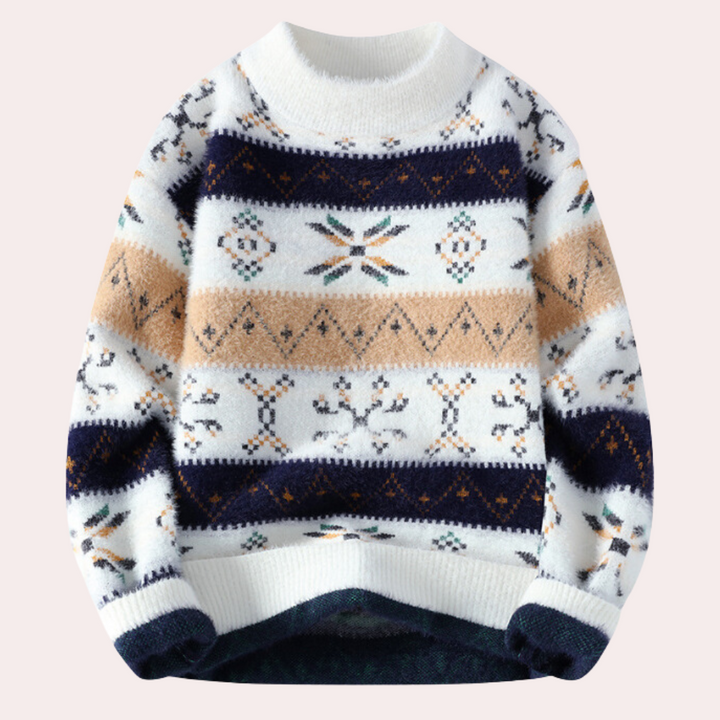 Stylish men's patterned crew neck pullover sweater, comfortable knit for casual fall & winter outfits.