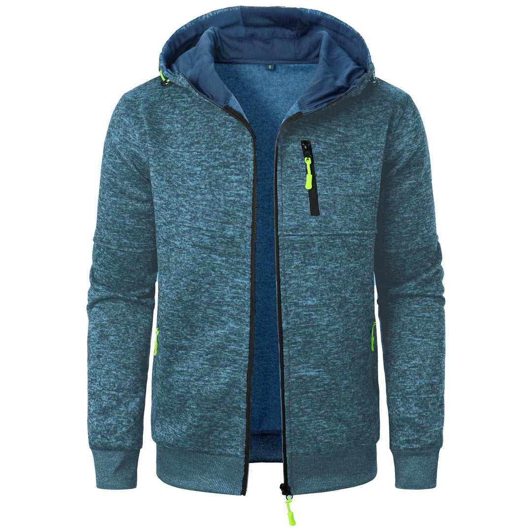 Relaxed fit men's patterned zip hoodie, modern design for comfortable casual wear and men's fashion.