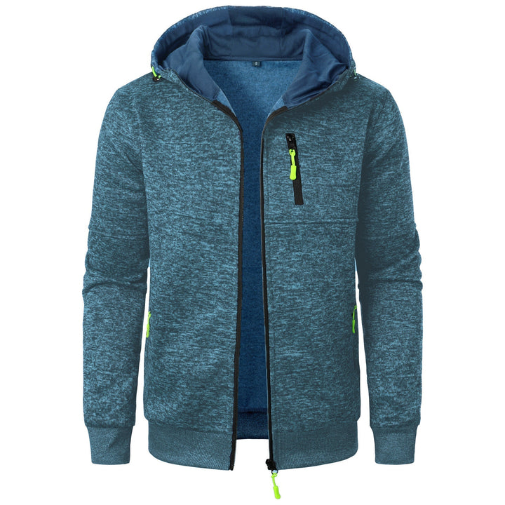 Relaxed fit men's patterned zip hoodie, modern design for comfortable casual wear and men's fashion.