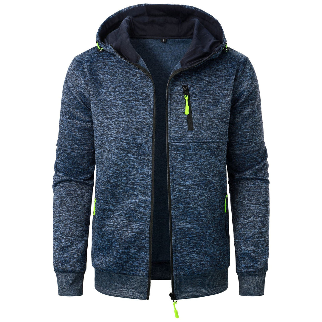 Modern men's zip hoodie, featuring a stylish pattern, suitable for casual outerwear and relaxed fit.