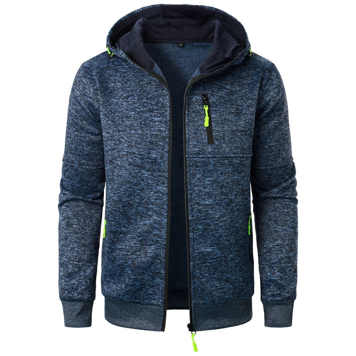 Modern men's zip hoodie, featuring a stylish pattern, suitable for casual outerwear and relaxed fit.