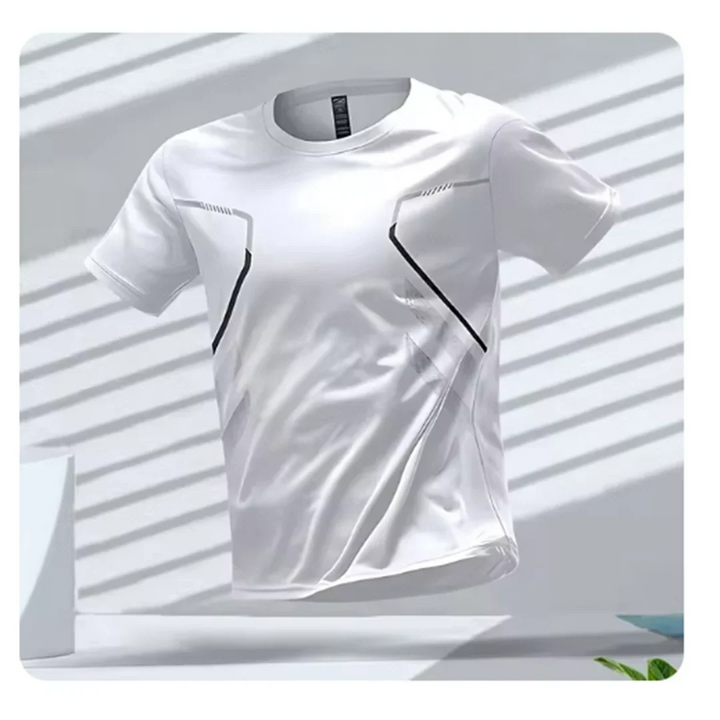 Man wearing a black performance shirt, showcasing its athletic fit and quick-dry capabilities.