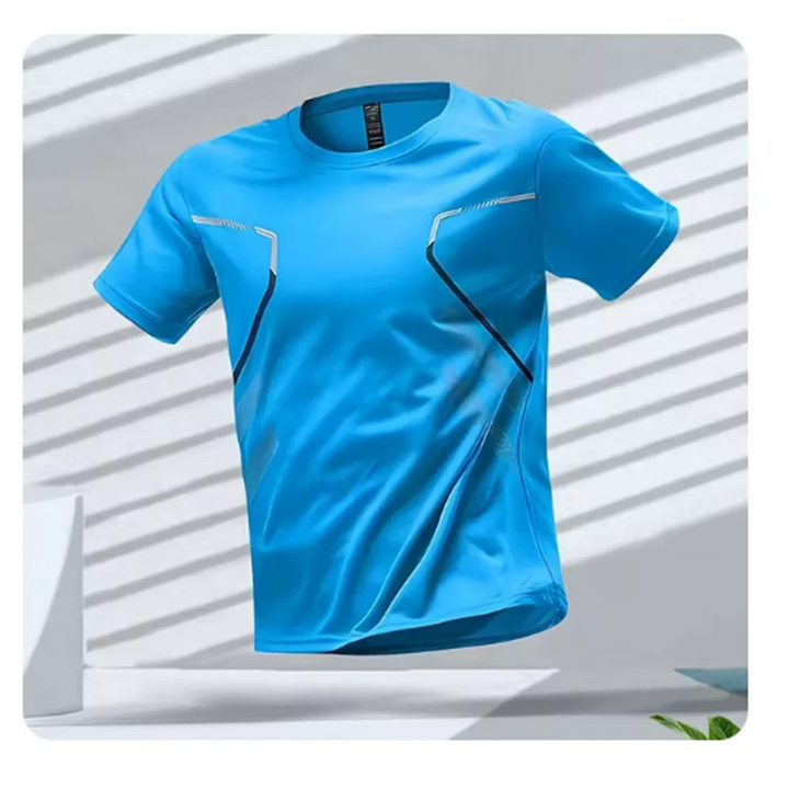 Front view of a gray men's crew neck performance T-shirt, designed for ultimate athletic comfort.