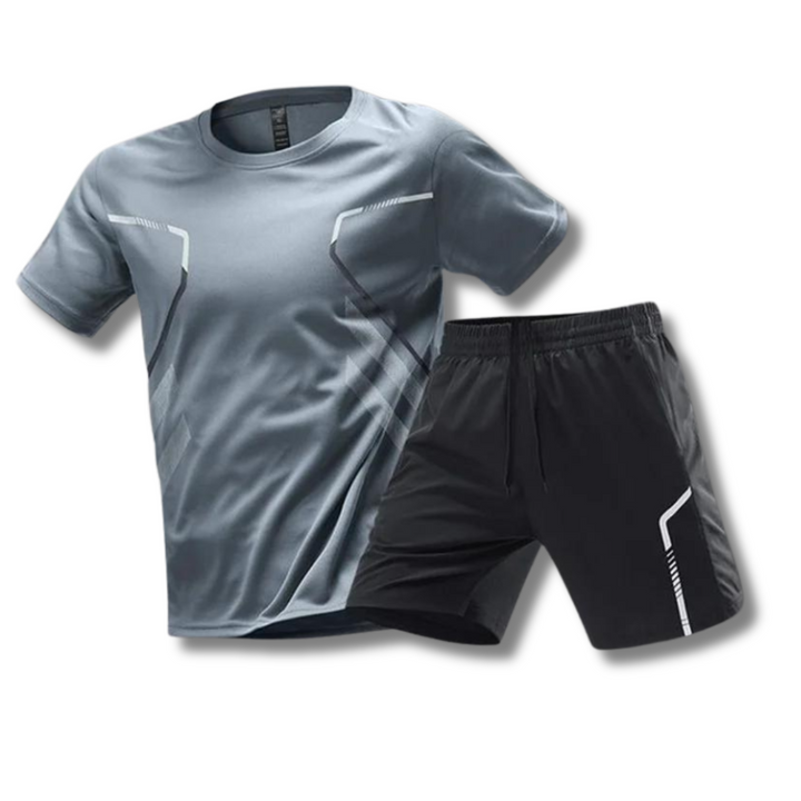 Men's performance sportswear set in breathable polyester blend, ideal for gym workouts, running & athletic training.