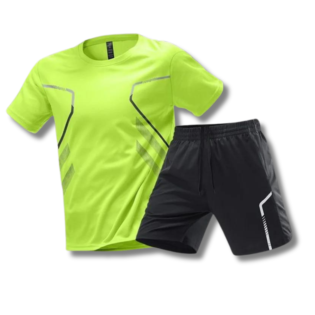 Close-up of moisture-wicking polyester blend fabric on men's activewear set, ensuring comfort & performance.