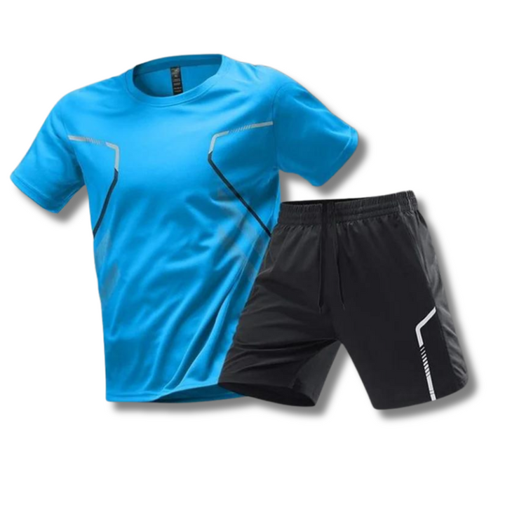 Man running in a comfortable men's performance sportswear set, designed for optimal running & outdoor training.