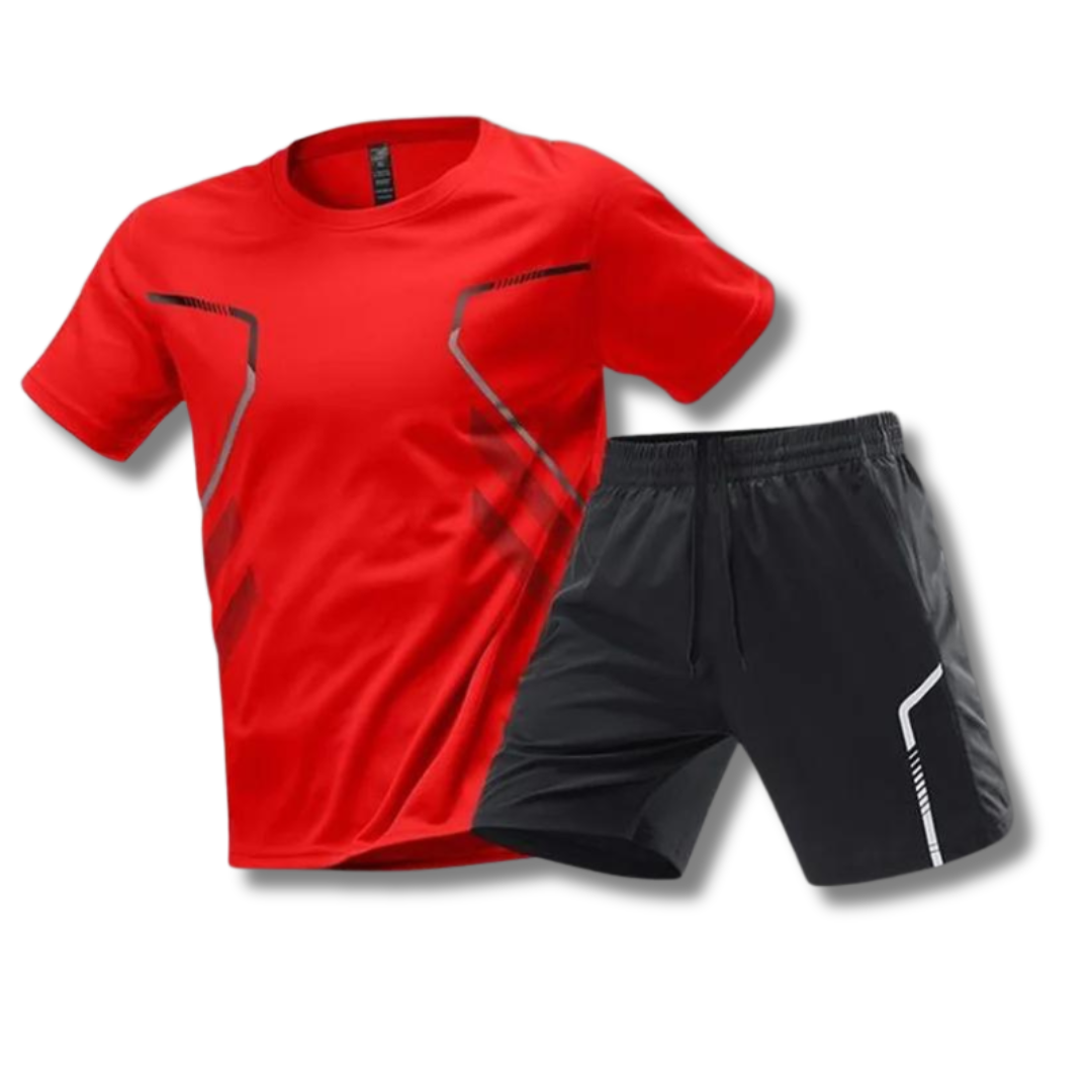 Active man lifting weights in a sleek men's gym outfit. Breathable, moisture-wicking athletic set for workouts.