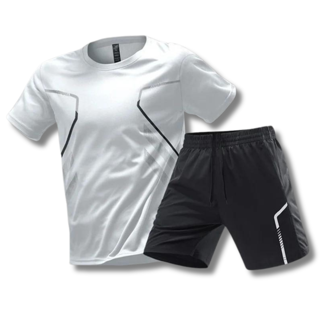 Front view of men's performance training suit, including breathable top and bottoms. Perfect for gym & activewear.