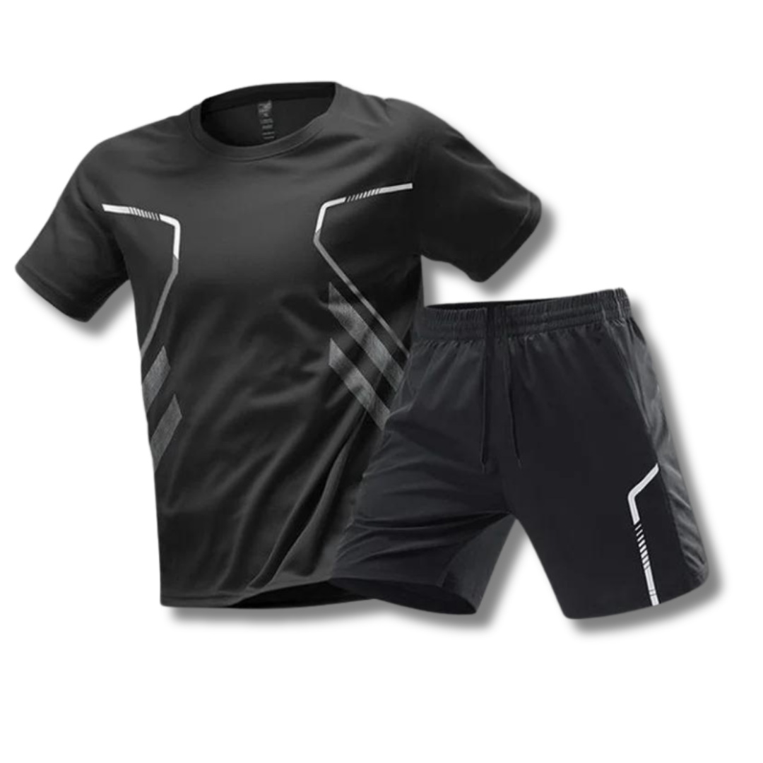 Detail of men's workout clothes set; a breathable, moisture-wicking polyester blend for high-intensity training.