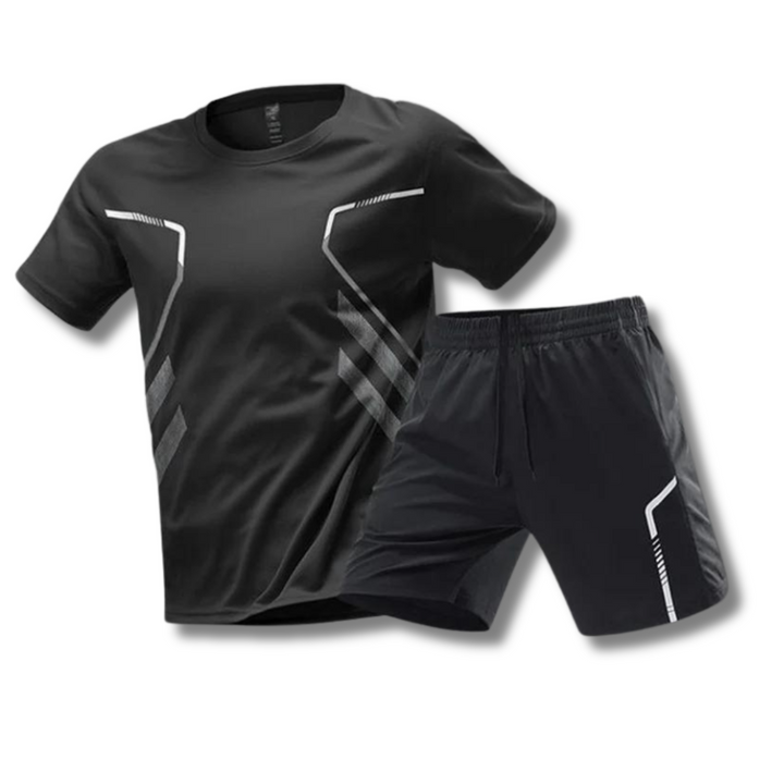 Detail of men's workout clothes set; a breathable, moisture-wicking polyester blend for high-intensity training.