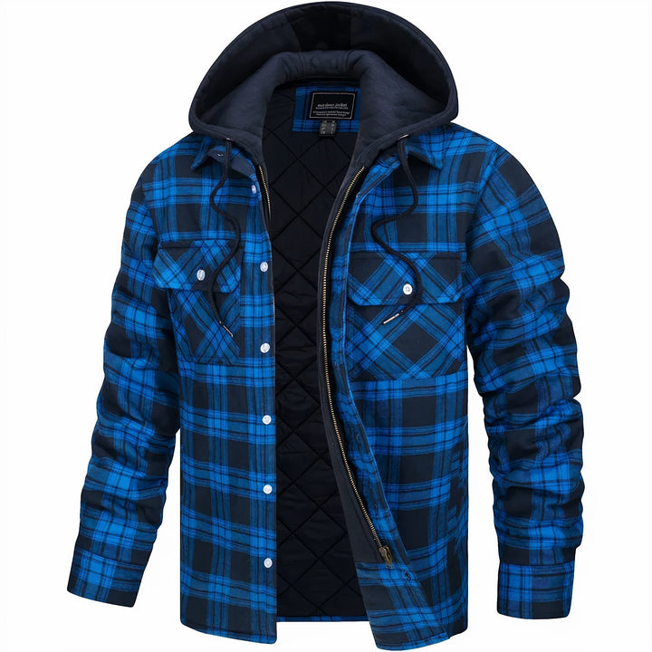 Versatile men's button-down plaid bomber jacket with hood. Comfortable casual outerwear for stylish fashion.