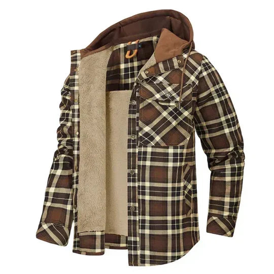 Stylish men's hooded plaid shacket, ideal for casual layering, streetwear, and cool weather comfort.