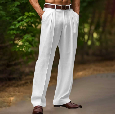 Khaki men's pleated trousers, relaxed fit, perfect for versatile and comfortable everyday wear.