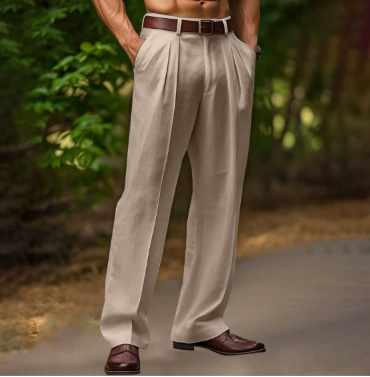 White men's pleated pants, relaxed fit, an essential for contemporary summer fashion and comfort.