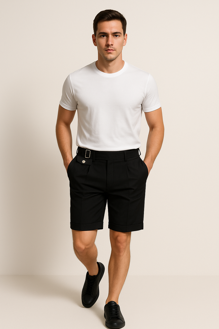 Men's pleated tailored shorts, stone color, with side buckle detail and a refined summer casual look