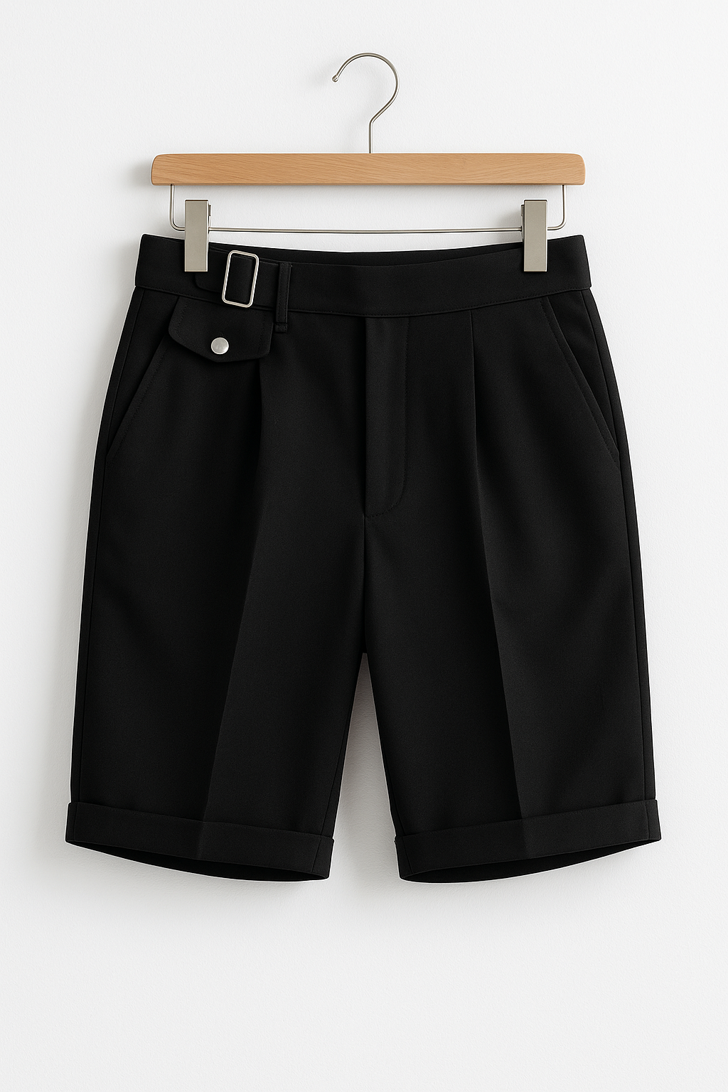 Front view of men's tailored shorts featuring pleats and adjustable side buckles for comfort.