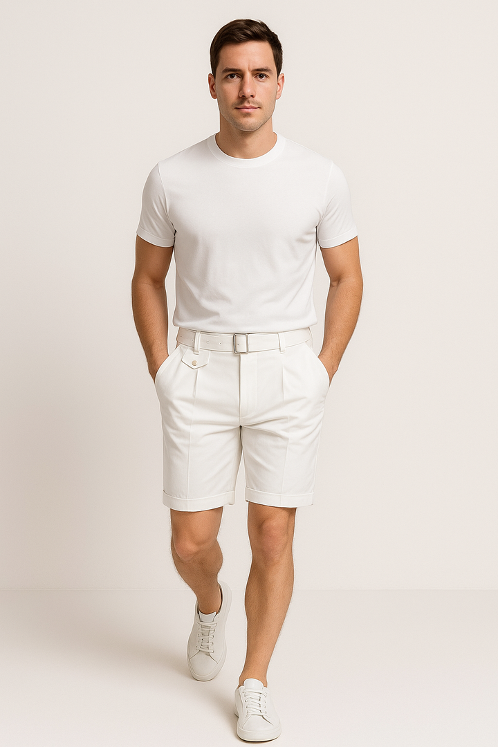 Close-up of the side buckle detail on men's pleated tailored shorts, ideal for warm weather.