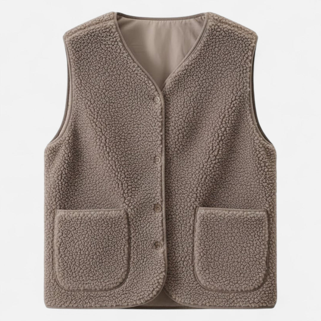 Men's beige plush cashmere-blend vest, designed for warm layering in chilly winter conditions.