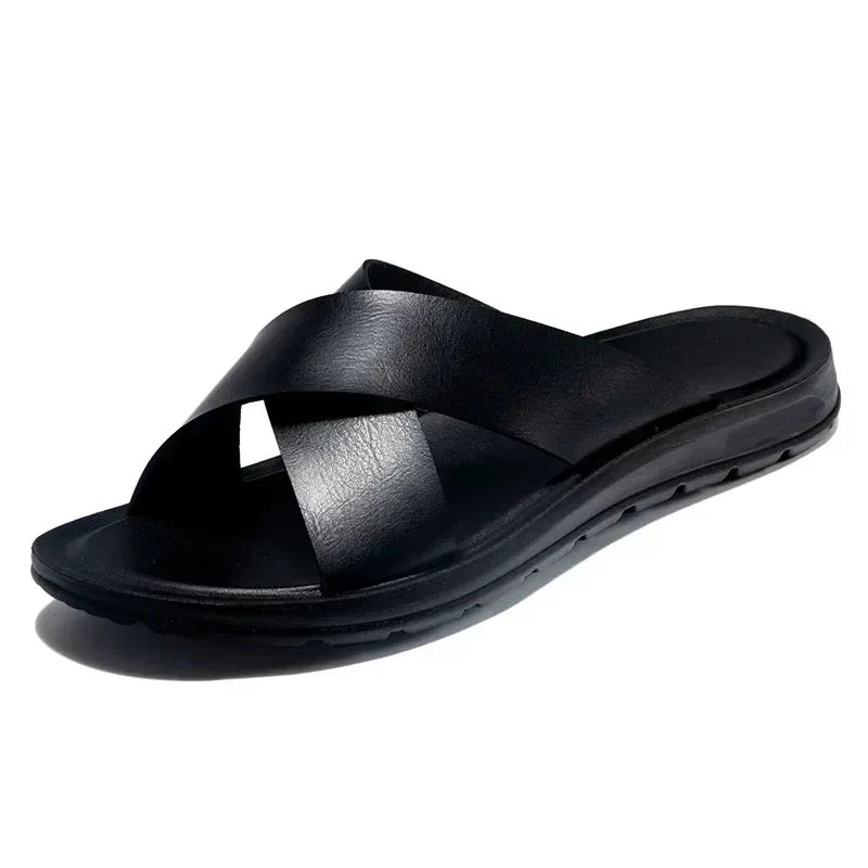 Men's premium black slip-on sandals for comfortable summer casual wear, ideal for outdoor & everyday activities.