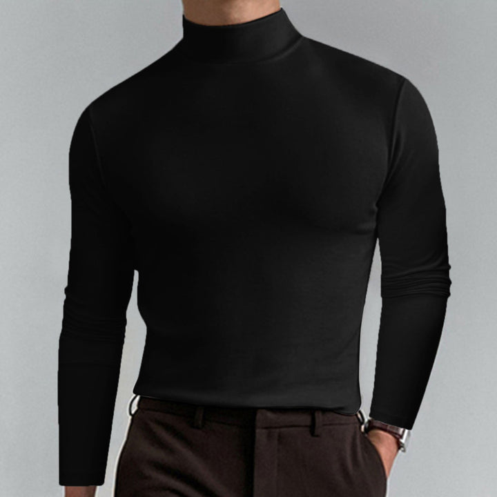 Versatile men's long sleeve turtleneck, great for layering in cold weather outfits.
