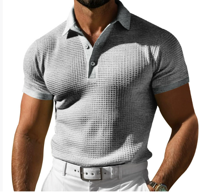 Men's premium knit polo shirt with vintage appeal, short sleeve, perfect for smart casual wear.