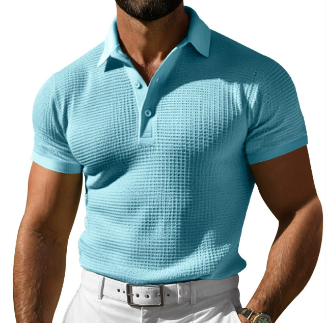 Elegant white men's knit polo shirt, vintage style, short sleeve. Ideal for casual or smart casual fashion.