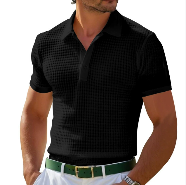Stylish blue men's premium knit polo shirt, short sleeve, vintage design for a modern casual look.
