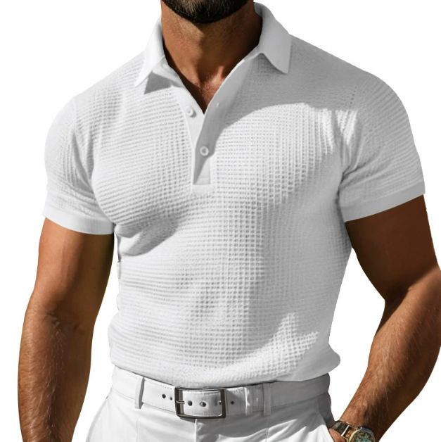 Men's vintage style knit polo shirt in gray, short sleeve. A versatile premium top for smart casual fashion.