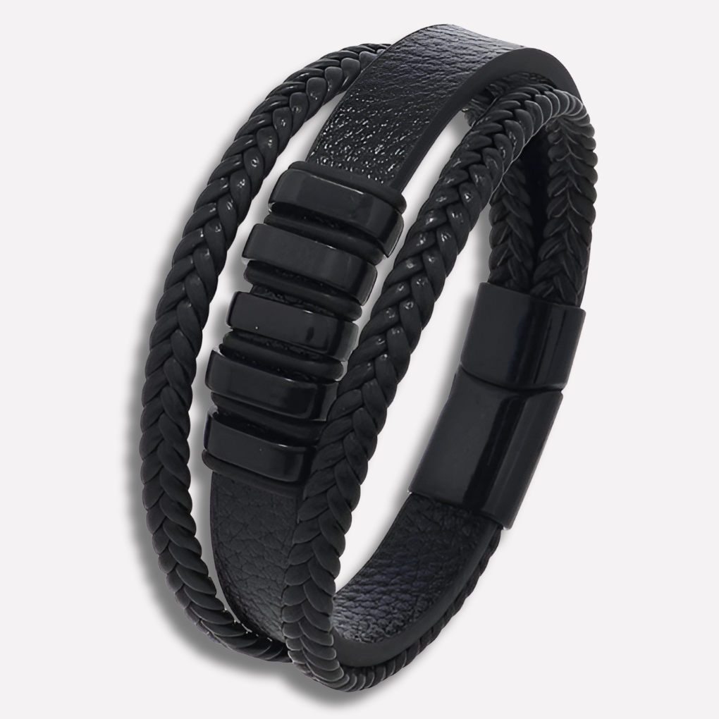 Fashionable men's leather bracelet with polished stainless steel accents, perfect gift for men.