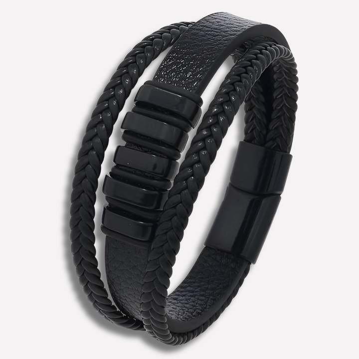 Fashionable men's leather bracelet with polished stainless steel accents, perfect gift for men.