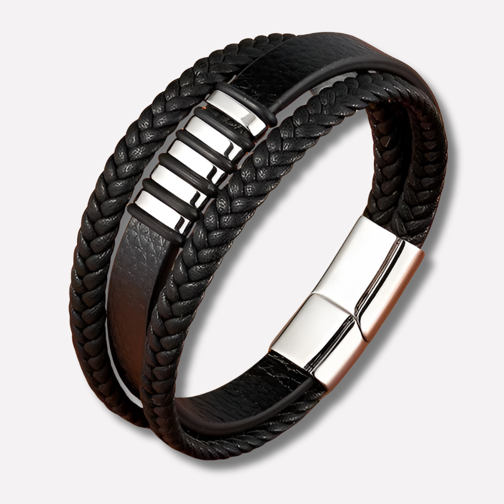 New men's jewelry: genuine leather and steel bracelet, durable and stylish masculine accessory.