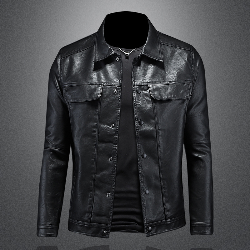 Men's premium leather motorcycle style jacket in black, front view, casual outerwear