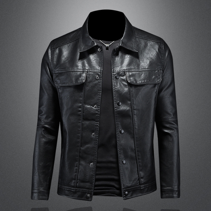 Men's premium leather motorcycle style jacket in black, front view, casual outerwear