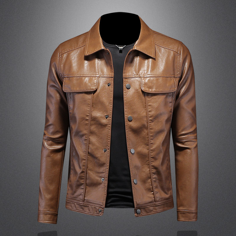 Stylish men's brown leather moto jacket with zipper details, perfect for casual wear