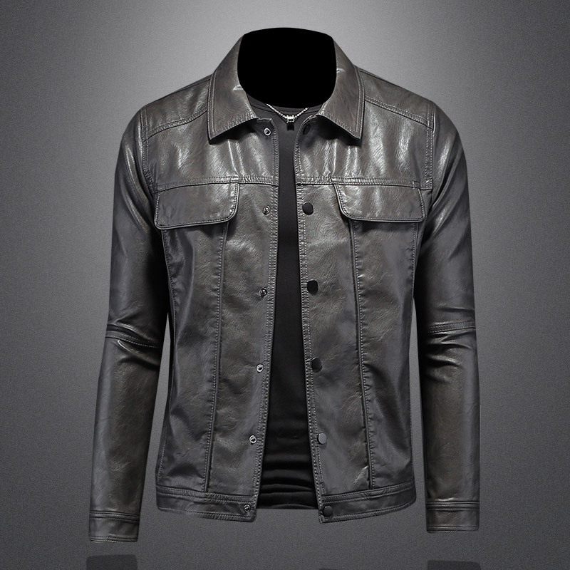 Dark grey men's leather motorcycle jacket, showing texture and fit, trendy outerwear