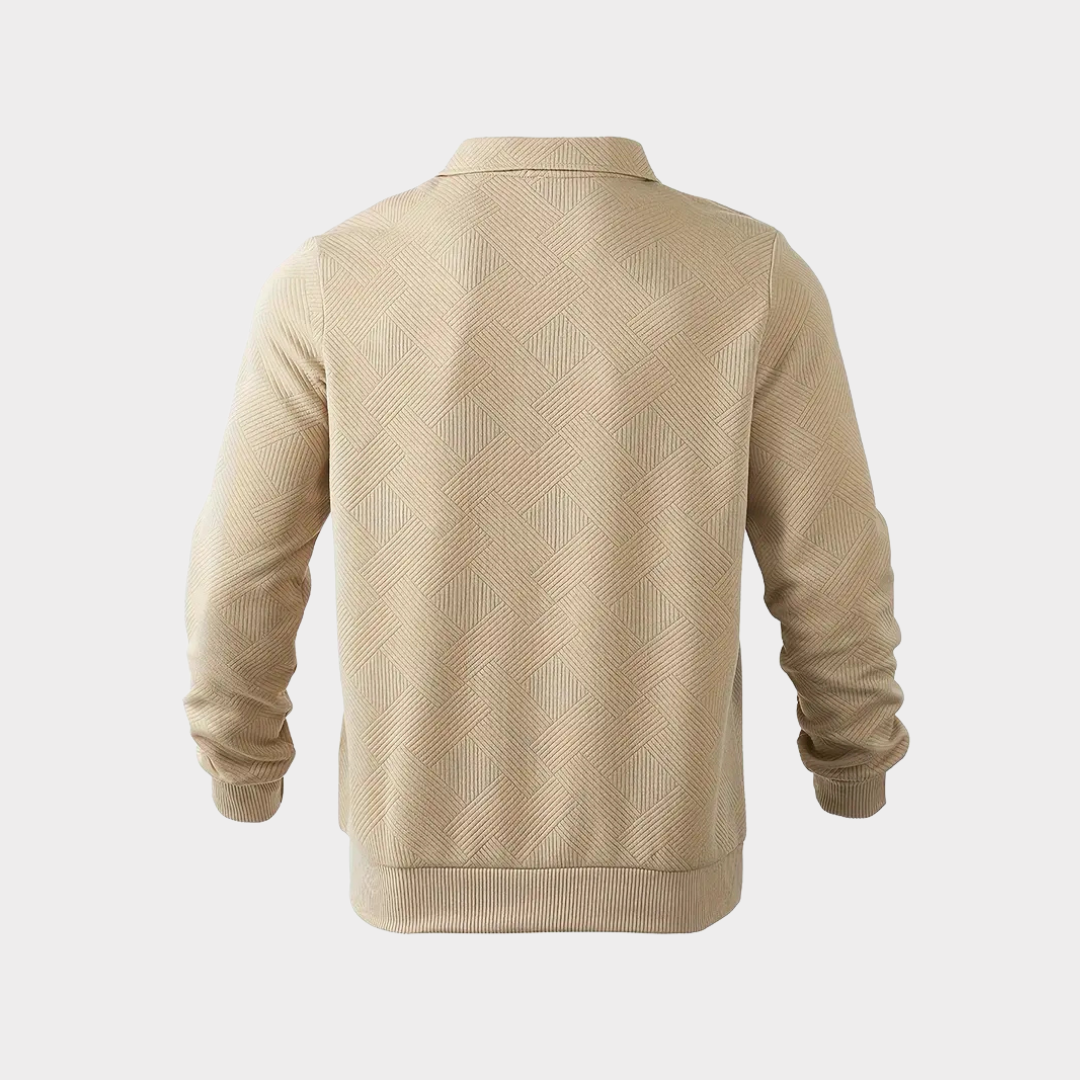 Model wearing Men's Premium Textured Quarter Zip Pullover, front view, long sleeve comfort