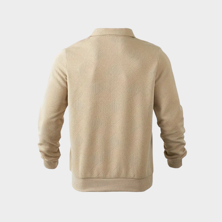 Model wearing Men's Premium Textured Quarter Zip Pullover, front view, long sleeve comfort