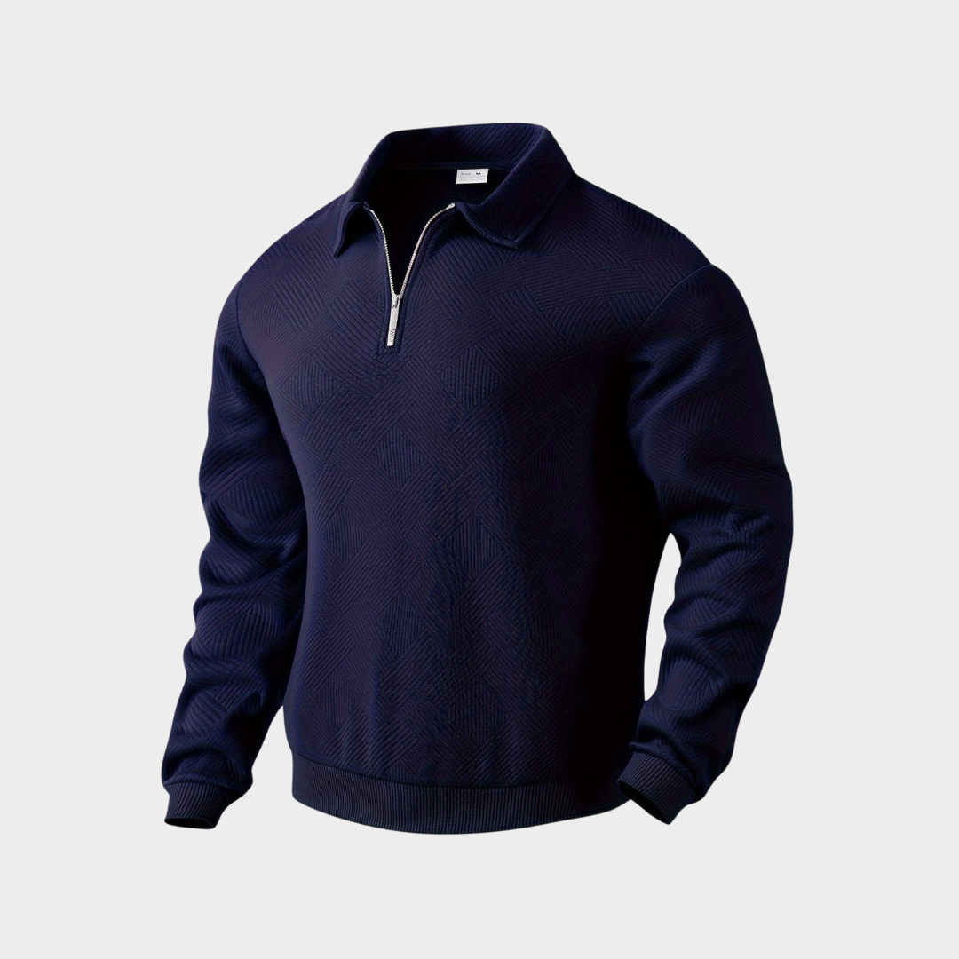 Side profile of Men's Quarter Zip Pullover, highlighting structured fit and textured design