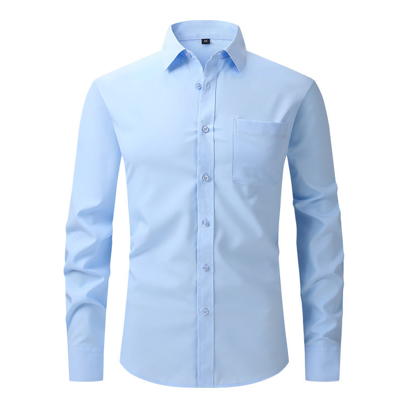 Versatile men's long sleeve button-down shirt, ideal for formal and smart casual outfits.