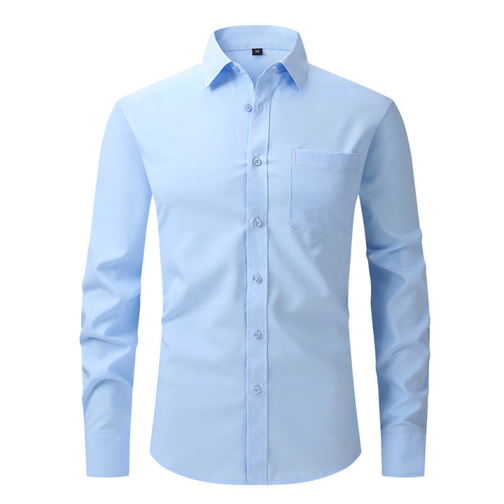 Versatile men's long sleeve button-down shirt, ideal for formal and smart casual outfits.