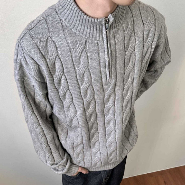 Men's quarter-zip cable knit sweater. Classic, stylish pullover for fall & winter layering.