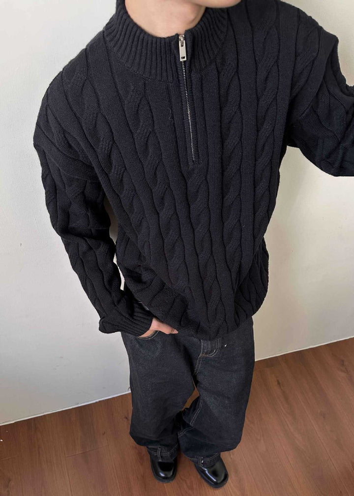 Stylish men's quarter-zip cable knit sweater. Versatile pullover for fall fashion & winter warmth.