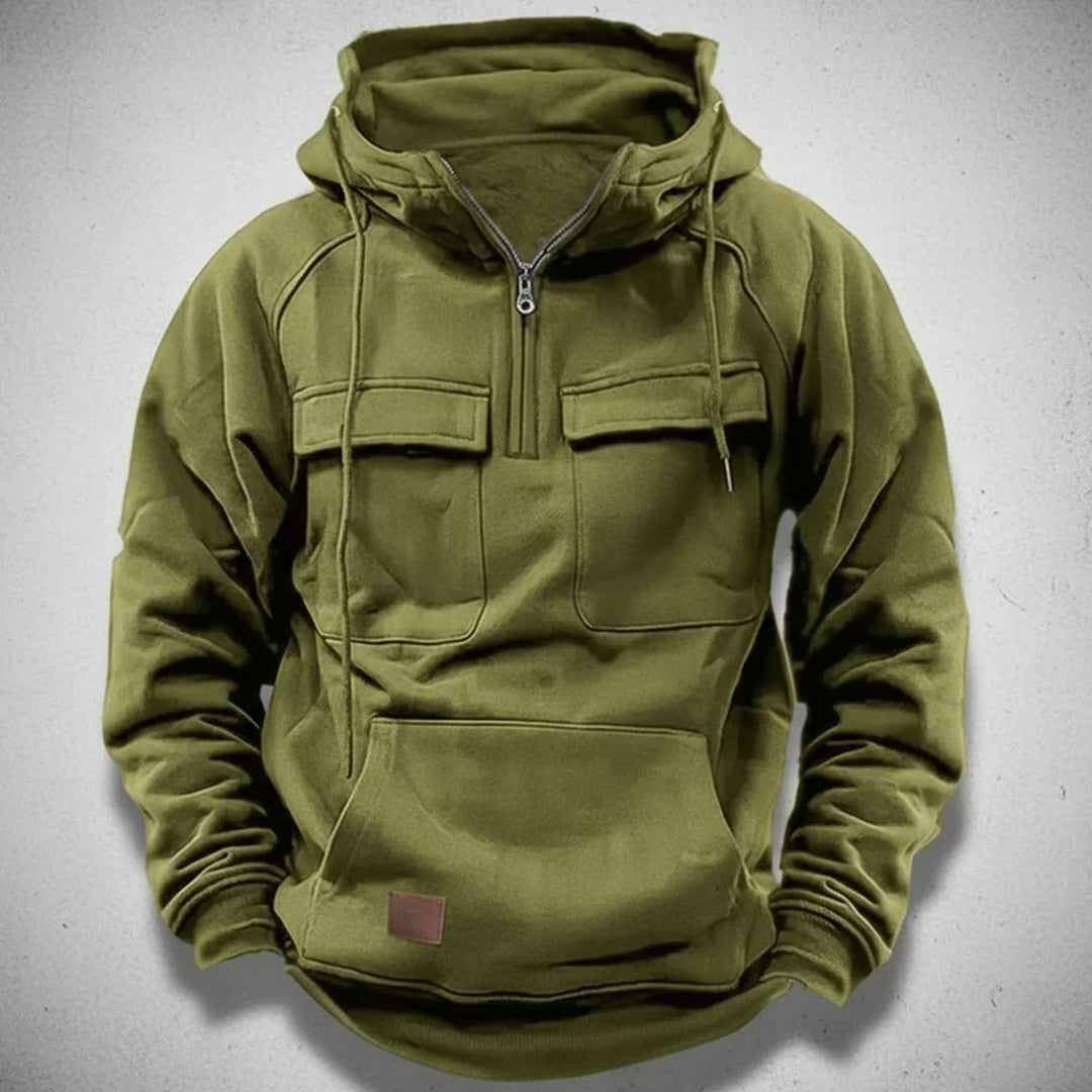 Men's quarter-zip hoodie in a relaxed fit, perfect for comfortable everyday casual wear & versatile layering.