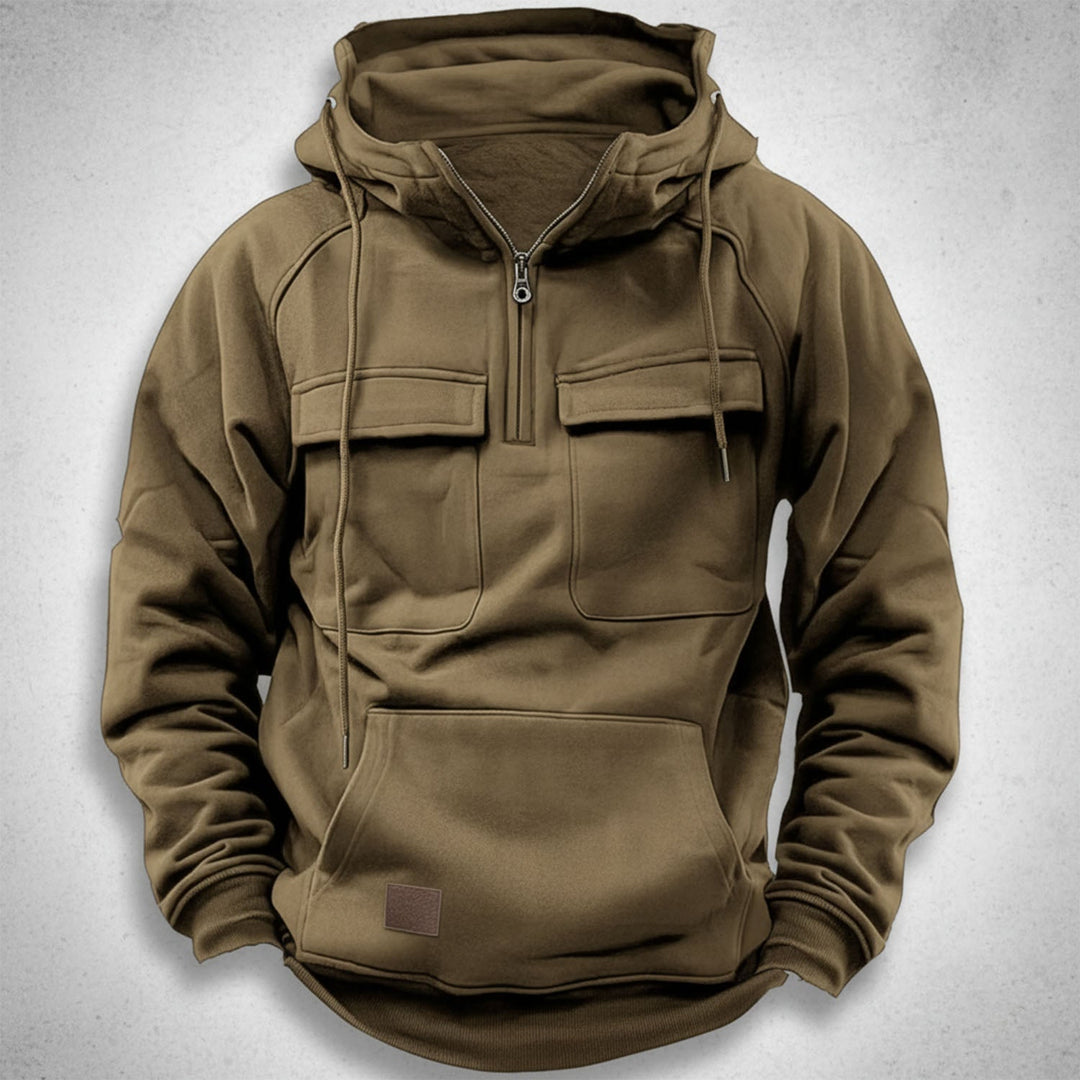 Stylish men's quarter-zip hooded sweatshirt, ideal for casual men's fashion & practical layering comfort.