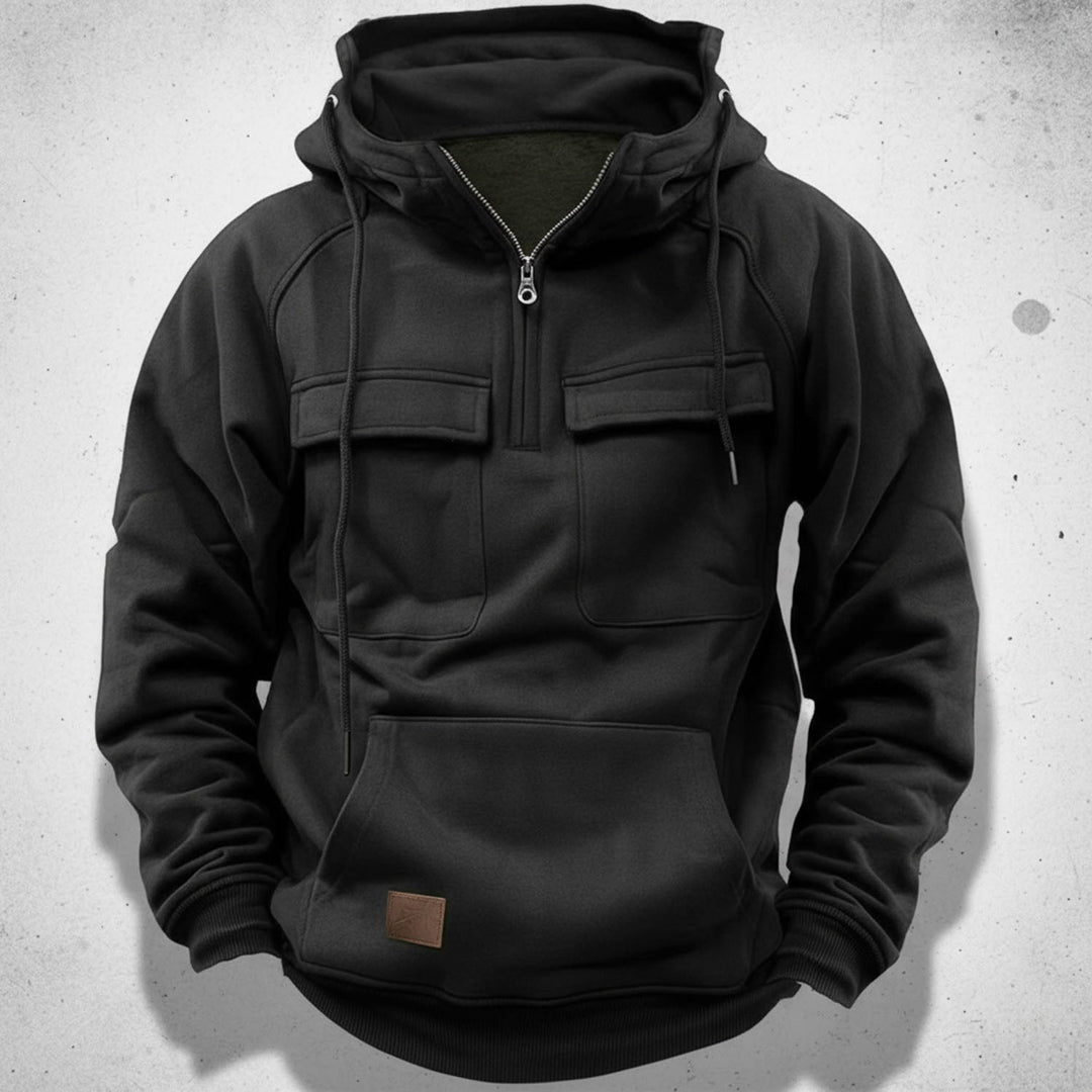 Soft, comfortable men's quarter-zip hoodie, featuring a hood & versatile style for everyday casual outfits.