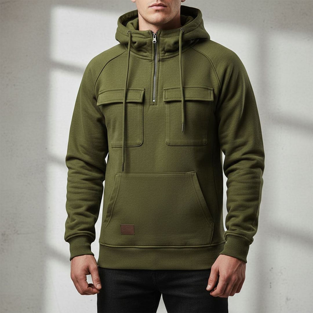 Comfortable men's quarter-zip hoodie, a versatile hooded top for relaxed everyday wear & modern style.