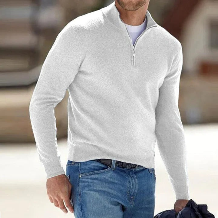 Close-up of the knit texture on a men's quarter-zip polyester pullover sweater.